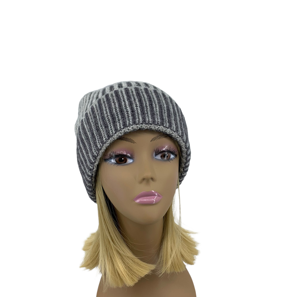 Two-Tone Charcoal Light Grey Alpaca Wool Blend Rib Knit Cuffed Beanie by Aqua